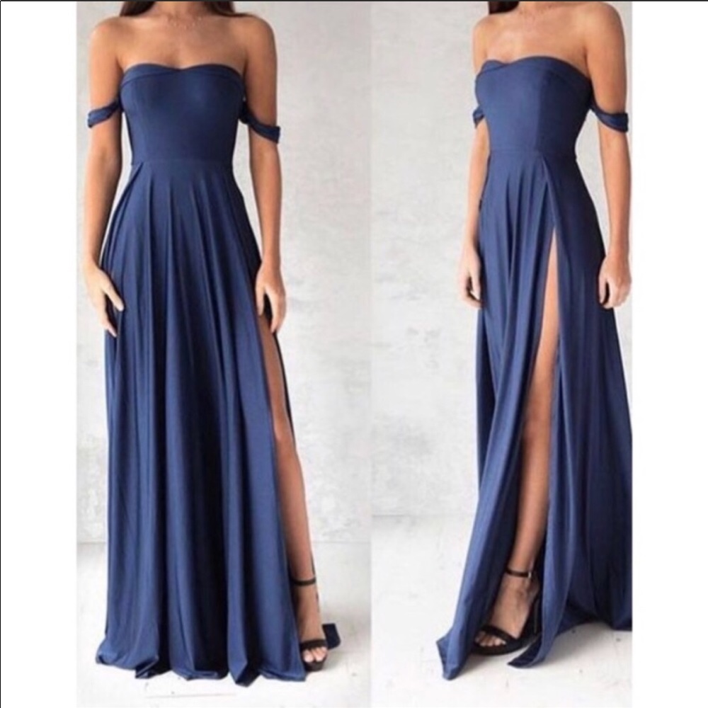 Prom formal long blue dress with open legs